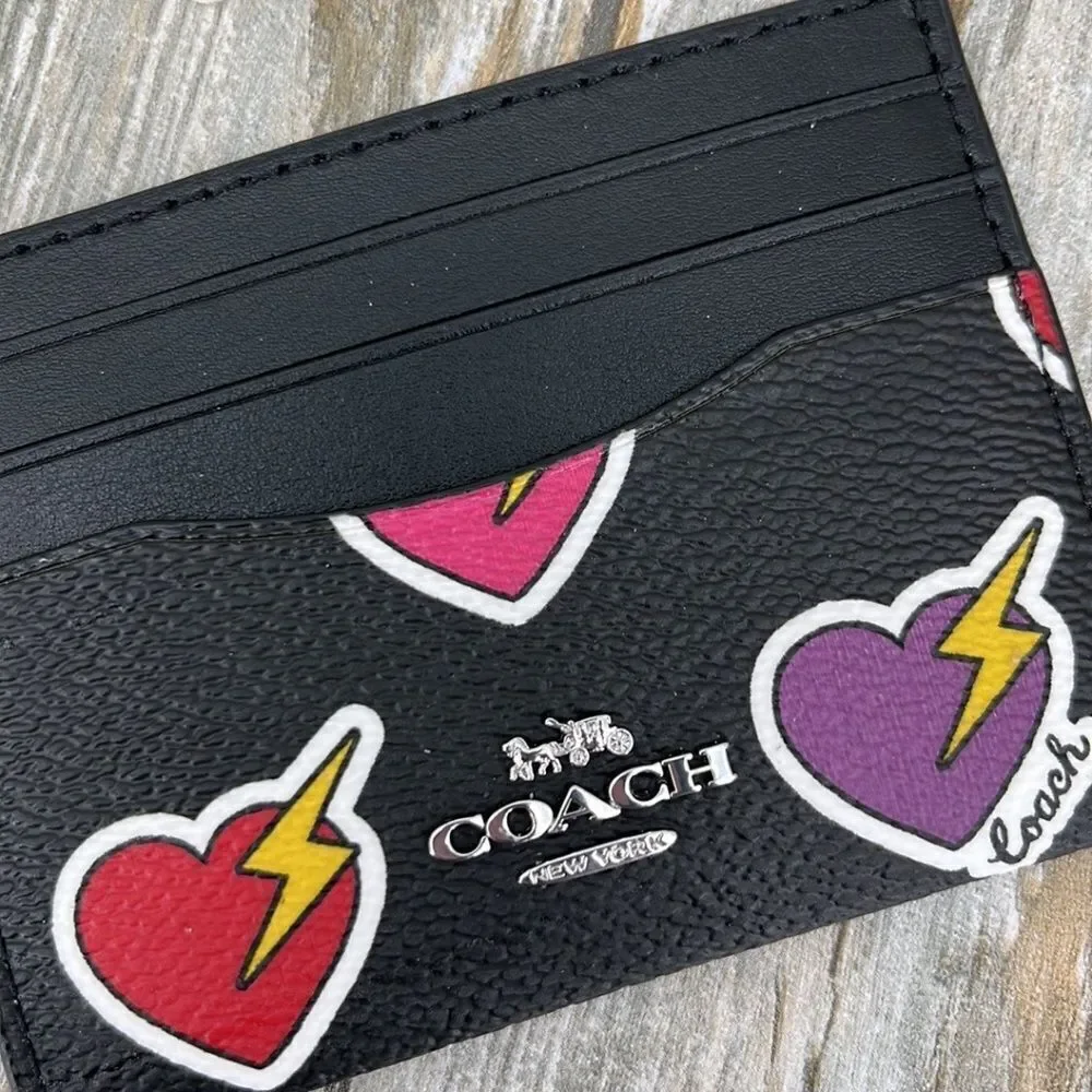 Coach Slim Id Card Case With Heart Bolt Print Wallet Bag Purse